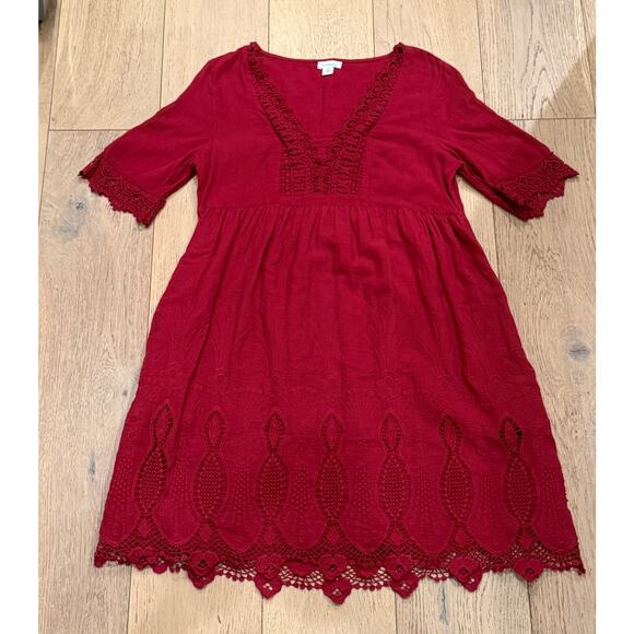 Sundance Boho Embroidered Cotton Mini Dress Burgundy V-Neck Medium Cottage Folk - Picture 2 of 11